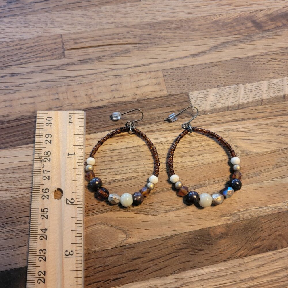 Boho Warm Brown Beaded Hoop Earrings - Picture 4 of 8